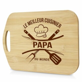 Planche à découper avec inscription 'Le meilleur cuisinier papa du monde'.