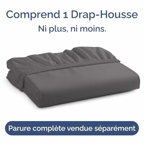 Drap-housse gris avec texte en français.
