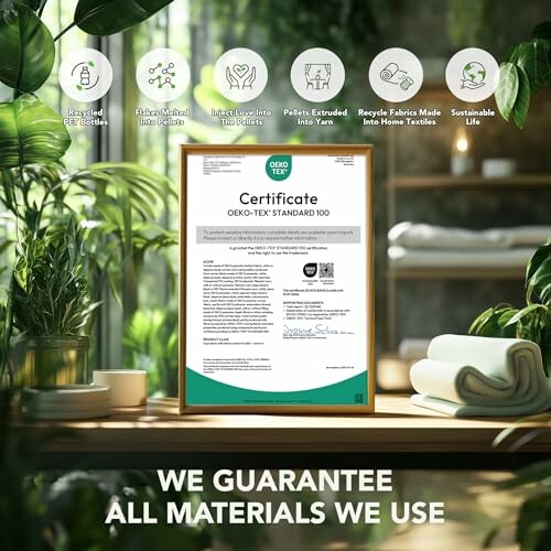 Certificat écologique entouré de plantes vertes.