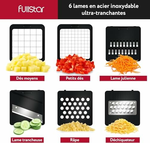 Différentes lames de coupe en acier inoxydable pour aliments.