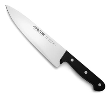 Couteau de chef avec lame en acier inoxydable et manche noir.