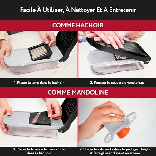 Instructions pour utiliser un hachoir et une mandoline.