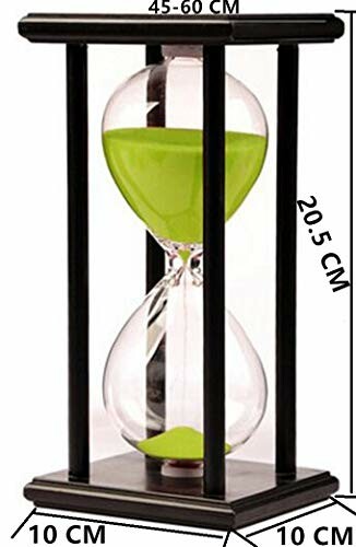 Sablier avec sable vert et dimensions indiquées.