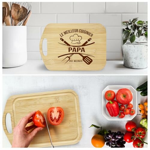 Planche à découper en bois avec texte gravé, légumes frais