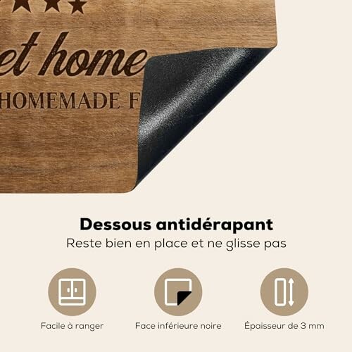 Tapis avec dessous antidérapant et texte en français.